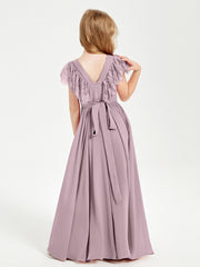 Chiffon Junior Bridesmaid Dresses Lace Flutter Sleeves Scoop Neck Dusk