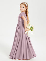 Chiffon Junior Bridesmaid Dresses Lace Flutter Sleeves Scoop Neck Dusk