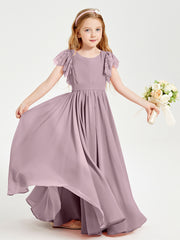 Chiffon Junior Bridesmaid Dresses Lace Flutter Sleeves Scoop Neck Dusk