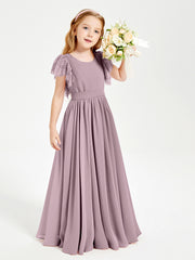 Chiffon Junior Bridesmaid Dresses Lace Flutter Sleeves Scoop Neck Dusk