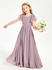Chiffon Junior Bridesmaid Dresses Lace Flutter Sleeves Scoop Neck Dusk