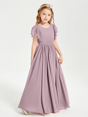 Chiffon Junior Bridesmaid Dresses Lace Flutter Sleeves Scoop Neck Dusk