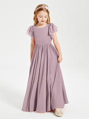 Chiffon Junior Bridesmaid Dresses Lace Flutter Sleeves Scoop Neck Dusk