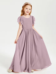 Chiffon Junior Bridesmaid Dresses Lace Flutter Sleeves Scoop Neck Dusk