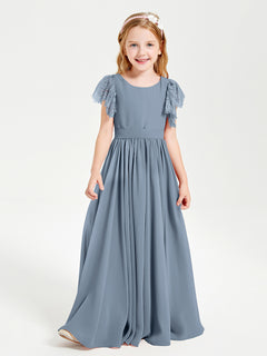 Chiffon Junior Bridesmaid Dresses Lace Flutter Sleeves Scoop Neck Dusty Blue