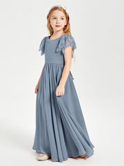 Chiffon Junior Bridesmaid Dresses Lace Flutter Sleeves Scoop Neck Dusty Blue
