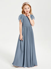 Chiffon Junior Bridesmaid Dresses Lace Flutter Sleeves Scoop Neck Dusty Blue