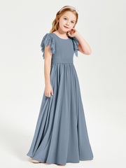 Chiffon Junior Bridesmaid Dresses Lace Flutter Sleeves Scoop Neck Dusty Blue