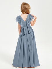 Chiffon Junior Bridesmaid Dresses Lace Flutter Sleeves Scoop Neck Dusty Blue