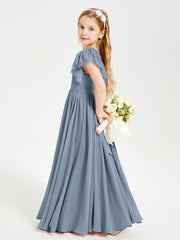 Chiffon Junior Bridesmaid Dresses Lace Flutter Sleeves Scoop Neck Dusty Blue