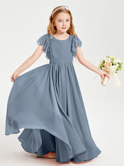 Chiffon Junior Bridesmaid Dresses Lace Flutter Sleeves Scoop Neck Dusty Blue