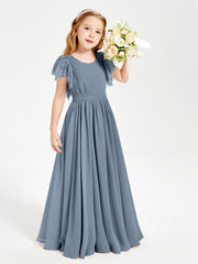 Chiffon Junior Bridesmaid Dresses Lace Flutter Sleeves Scoop Neck Dusty Blue