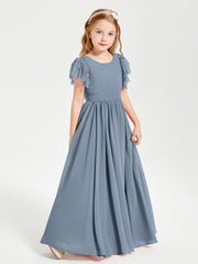 Chiffon Junior Bridesmaid Dresses Lace Flutter Sleeves Scoop Neck Dusty Blue