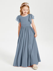 Chiffon Junior Bridesmaid Dresses Lace Flutter Sleeves Scoop Neck Dusty Blue