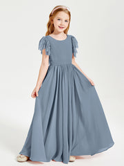 Chiffon Junior Bridesmaid Dresses Lace Flutter Sleeves Scoop Neck Dusty Blue