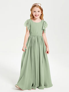 Chiffon Junior Bridesmaid Dresses Lace Flutter Sleeves Scoop Neck Dusty Sage