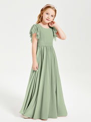 Chiffon Junior Bridesmaid Dresses Lace Flutter Sleeves Scoop Neck Dusty Sage