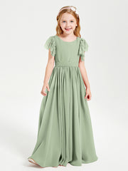 Chiffon Junior Bridesmaid Dresses Lace Flutter Sleeves Scoop Neck Dusty Sage