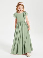 Chiffon Junior Bridesmaid Dresses Lace Flutter Sleeves Scoop Neck Dusty Sage