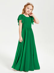 Chiffon Junior Bridesmaid Dresses Lace Flutter Sleeves Scoop Neck Emerald