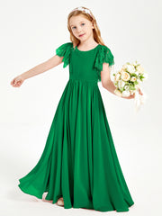 Chiffon Junior Bridesmaid Dresses Lace Flutter Sleeves Scoop Neck Emerald
