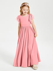 Chiffon Junior Bridesmaid Dresses Lace Flutter Sleeves Scoop Neck Flamingo