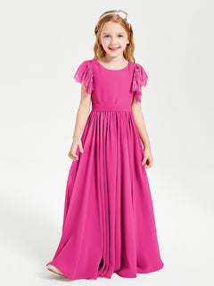 Chiffon Junior Bridesmaid Dresses Lace Flutter Sleeves Scoop Neck Fuchsia