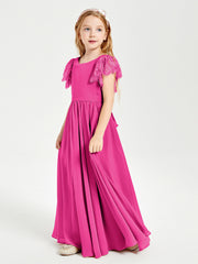 Chiffon Junior Bridesmaid Dresses Lace Flutter Sleeves Scoop Neck Fuchsia