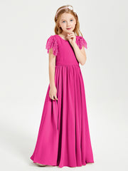 Chiffon Junior Bridesmaid Dresses Lace Flutter Sleeves Scoop Neck Fuchsia
