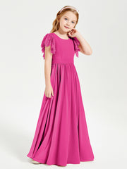 Chiffon Junior Bridesmaid Dresses Lace Flutter Sleeves Scoop Neck Fuchsia