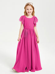 Chiffon Junior Bridesmaid Dresses Lace Flutter Sleeves Scoop Neck Fuchsia
