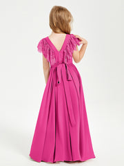 Chiffon Junior Bridesmaid Dresses Lace Flutter Sleeves Scoop Neck Fuchsia