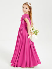 Chiffon Junior Bridesmaid Dresses Lace Flutter Sleeves Scoop Neck Fuchsia