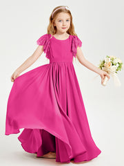 Chiffon Junior Bridesmaid Dresses Lace Flutter Sleeves Scoop Neck Fuchsia