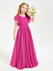 Chiffon Junior Bridesmaid Dresses Lace Flutter Sleeves Scoop Neck Fuchsia