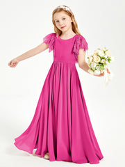 Chiffon Junior Bridesmaid Dresses Lace Flutter Sleeves Scoop Neck Fuchsia