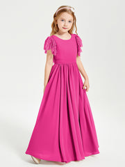 Chiffon Junior Bridesmaid Dresses Lace Flutter Sleeves Scoop Neck Fuchsia