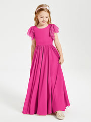 Chiffon Junior Bridesmaid Dresses Lace Flutter Sleeves Scoop Neck Fuchsia