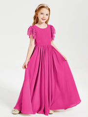 Chiffon Junior Bridesmaid Dresses Lace Flutter Sleeves Scoop Neck Fuchsia