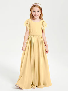 Chiffon Junior Bridesmaid Dresses Lace Flutter Sleeves Scoop Neck Gold