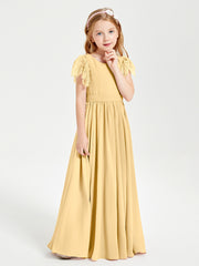 Chiffon Junior Bridesmaid Dresses Lace Flutter Sleeves Scoop Neck Gold