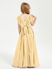 Chiffon Junior Bridesmaid Dresses Lace Flutter Sleeves Scoop Neck Gold