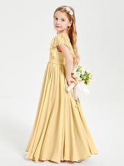 Chiffon Junior Bridesmaid Dresses Lace Flutter Sleeves Scoop Neck Gold
