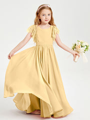 Chiffon Junior Bridesmaid Dresses Lace Flutter Sleeves Scoop Neck Gold