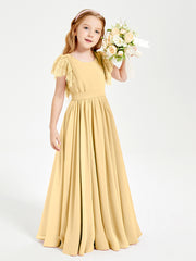 Chiffon Junior Bridesmaid Dresses Lace Flutter Sleeves Scoop Neck Gold