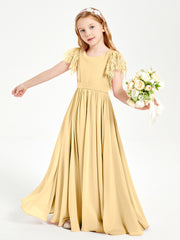 Chiffon Junior Bridesmaid Dresses Lace Flutter Sleeves Scoop Neck Gold