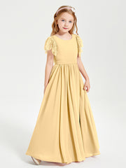 Chiffon Junior Bridesmaid Dresses Lace Flutter Sleeves Scoop Neck Gold