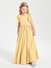 Chiffon Junior Bridesmaid Dresses Lace Flutter Sleeves Scoop Neck Gold