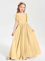 Chiffon Junior Bridesmaid Dresses Lace Flutter Sleeves Scoop Neck Gold