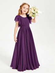 Chiffon Junior Bridesmaid Dresses Lace Flutter Sleeves Scoop Neck Grape